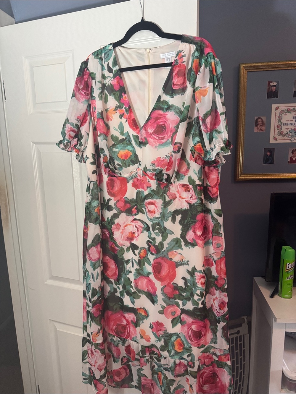 London Times Cream Midi Dress with Pink Rose Print